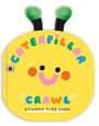 Text: "Caterpillar Crawl: A Tummy Time Story." Illustration eines freundlichen gelben Gesichts mit grünen Fühlern.