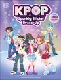 „KPOP Sparkly Sticker Dress-Up. Over 300 reusable stickers.“ Illustration von fünf stilvollen Figuren in bunter Kleidung.
