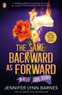 "The Same Backward as Forward" in gelber Schrift, rote Rose mit Wassertropfen, weiße Lilie in Flammen, violetter Hintergrund.