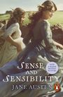 Text: "Sense and Sensibility", "Jane Austen", "Now a Major Motion Picture". Zwei Frauen laufen lächelnd über eine Wiese.