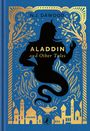 "N.J. DAWOOD Aladdin and Other Tales." Silhouette eines Dschinns und goldene Ornamente auf blauem Hintergrund.