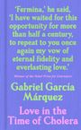Grüner Text auf lila Hintergrund: Ein Zitat über ewige Treue. Darunter "Gabriel García Márquez" in Grün und Buchtitel in Rosa.