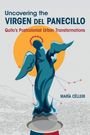 Titel: "Uncovering the Virgen del Panecillo." Illustration einer blauen Statue vor orangem Hintergrund. Autor: María Célleri.