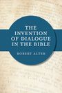 Blauer Kreis mit weißem Text: "THE INVENTION OF DIALOGUE IN THE BIBLE" von Robert Alter, vor beigem Hintergrund mit unscharfem Text.