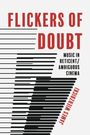 "FLICKERS OF DOUBT" in roter Schrift; "MUSIC IN RETICENT/AMBIGUOUS CINEMA" kleiner daneben. Linien formen ein abstraktes Bild.