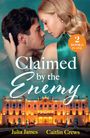 „Claimed by the Enemy“, „2 Books in One“, „Julia James“, „Caitlin Crews“; ein Liebespaar vor einem beleuchteten Palast.