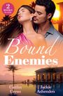 "Bound Enemies" steht in weißer Schrift. Ein Paar steht vor einem sonnigen, tropischen Hintergrund mit Palmen und Villa.