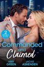 "2 Books in One", "Commanded and Claimed", Abby Green, Jackie Ashenden. Ein Paar steht sich nah, Skyline im Hintergrund.