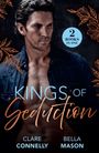 Text: "2 Books in One", "Kings of Seduction", Autoren: Clare Connelly, Bella Mason. Mann in offenem Hemd, dekorative Blätter.