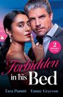 "Forbidden in his Bed", "2 BOOKS IN ONE", Autoren: Tara Pammi, Emmy Grayson. Ein Paar vor einem Sonnenuntergang am Meer.