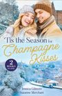 'Tis the Season for Champagne Kisses. Zwei Bücher in einem. Winterliches Paar lächelt vor einer verschneiten Stadtlandschaft.