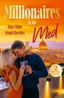„Millionaires in the Med“, Nina Milne, Jenni Fletcher, 2 Books in One. Paar umarmt sich bei Sonnenuntergang mit Skyline.