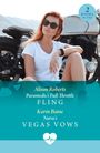 "Alison Roberts: Paramedic's Full-Throttle Fling. Karin Baine: Nurse's Vegas Vows." Frau in Weiß mit Motorrad.
