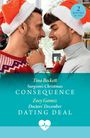 Zwei Männer mit Weihnachtsmützen lächeln sich an; Text: "Tina Beckett...Consequences", "Zoey Gomez...Dating Deal".