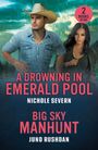 Text: "A Drowning in Emerald Pool" und "Big Sky Manhunt". Ein Cowboy und eine Frau stehen im Regen.