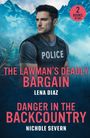 Zwei Buchtitel: "The Lawman's Deadly Bargain" von Lena Diaz und "Danger in the Backcountry" von Nichole Severn. Mann in Polizei-Weste.