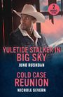 Text: "YULETIDE STALKER IN BIG SKY Juno Rushdan COLD CASE REUNION Nichole Severn 2 BOOKS IN ONE." Mann mit Cowboyhut.