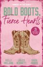 „Sunrise on the Ranch. Bold Boots, Fierce Hearts. 3 Books in One.“ Illustration von Cowboystiefeln.