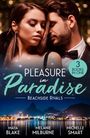 "Pleasure in Paradise: Beachside Rivals, 3 Books in One" mit elegant gekleidetem Paar und nächtlicher Stadtkulisse.