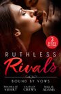 "3 Books in One. Ruthless Rivals: Bound by Vows." Nahaufnahme eines Paares in inniger Umarmung mit romantischer Stimmung.