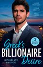 Titel: "Greek's Billionaire Desire". Drei Autoren: Sarah Morgan, Lynne Graham, Abby Green. Mann im Anzug, Meereshintergrund.