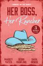"Sunrise on the Ranch", "Her Boss, Her Rancher", "3 Books in One". Ein blauer Cowboyhut auf einem Seil vor rosa Hintergrund.
