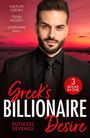 Text: „Greek's Billionaire Desire“, „Ruthless Revenge“. Mann im Anzug vor pinkem Sonnenuntergang.