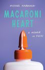 Text: "Michael Narkunski, Macaroni Heart, A Memoir in Pieces." 

Ein Kleber mit orangefarbener Spitze auf lila Hintergrund.