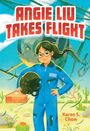 Angie Liu Takes Flight. Illustration: Mädchen im blauen Anzug mit Helm in der Hand, Hubschrauber im Hintergrund.