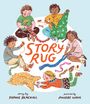 Text: "STORY RUG". Kinder stricken und weben farbige Stoffe, umgeben von Garn, Scheren und einem Teppich. 