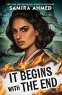 Text: "IT BEGINS WITH THE END". Frau mit dunklen Haaren, ernster Ausdruck, Flammenmotiv, Eiffelturm im Hintergrund.