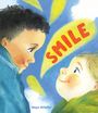 Text "SMILE" in Gelb, zwei Kinder mit freudigen Gesichtern schauen sich an, helle Farben, Illustration.