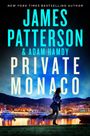 Text: "JAMES PATTERSON & ADAM HAMDY PRIVATE MONACO."  
Frau rennt vor beleuchtetem Hafen mit Yachten.