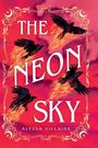 "The Neon Sky" von Alyssa Villaire. Vier schwarze Raben fliegen vor einem feurig roten Himmel mit dekorativen Ecken.