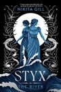 „Nikita Gill“, „STYX THE RIVER“. Zwei blaue Frauen in fließendem Gewand vor einem Mond, umrahmt von floralen Mustern.