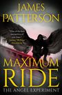 Der Text lautet: "JAMES PATTERSON, MAXIMUM RIDE, THE ANGEL EXPERIMENT." Eine Figur mit Flügeln sitzt auf einem Gebäude.