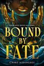 "THEIR LOVE DEFIES ALL GODS. BOUND BY FATE" in goldener Schrift, Frau mit goldenen Lippen und verzierten Händen.