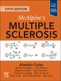 "Fifth Edition", "McAlpine's Multiple Sclerosis", Autoren: Alasdair Coles et al. Oben orangener Hintergrund, Illustrationen von Neuronen.