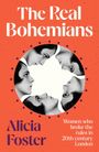 "The Real Bohemians", von Alicia Foster. Schwarz-weißes Bild von Frauenköpfen in Kreisform auf orangefarbenem Hintergrund.