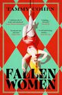 „Fallen Women“ - Illustration einer Frau im roten Kleid, die kopfüber an einem Seil hängt. Geometrischer, bunter Hintergrund.