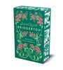 „JULIA QUINN BRIDGERTON“ und „Romancing Mister Bridgerton“. Buch in Grün mit rosa Blüten und filigranen Dekorationen.