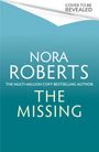 "Cover to be revealed", "Nora Roberts", "The Missing". Ein blaugrüner Hintergrund deutet auf ein Buchcover hin.