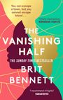 "THE VANISHING HALF" von Brit Bennett. Silhouetten in Rosa und Gold auf grünem und rosa Hintergrund.
