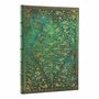 Kein Text. Ein grünes Buch mit aufwendigem goldenen Pflanzenmuster, detailliert und ornamental gestaltet.