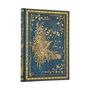 Keine Texte vorhanden. Eine Buchhülle mit goldenen Blumen und Schmetterlingen auf blauem Hintergrund, reich verziert.