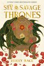 "Sunday Times Bestselling Series, Six Savage Thrones, Holly Race." Ein Drache umschlingt einen Thron, umgeben von roten Rosen.