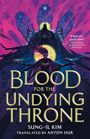 Text: "Blood for the Undying Throne" von Sung-il Kim. Fantasievolle Illustration mit düsterem Charakter vor pink-violettem Hintergrund.
