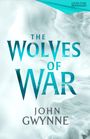 Text: "The Wolves of War", "John Gwynne", "Cover to be revealed". Hintergrund: Nebel in weiß und türkis.
