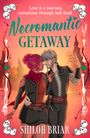 "Love is a journey, sometimes through hell itself. Necromantic Getaway. Illustration: Paar in fantasievoller Landschaft."