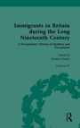 Text: "Immigrants in Britain during the Long Nineteenth Century. A Documentary History of Realities and Perceptions. Edited by Panikos Panayi. Volume IV." Grüner Hintergrund mit floraler Silhouette und Verlagslogo.